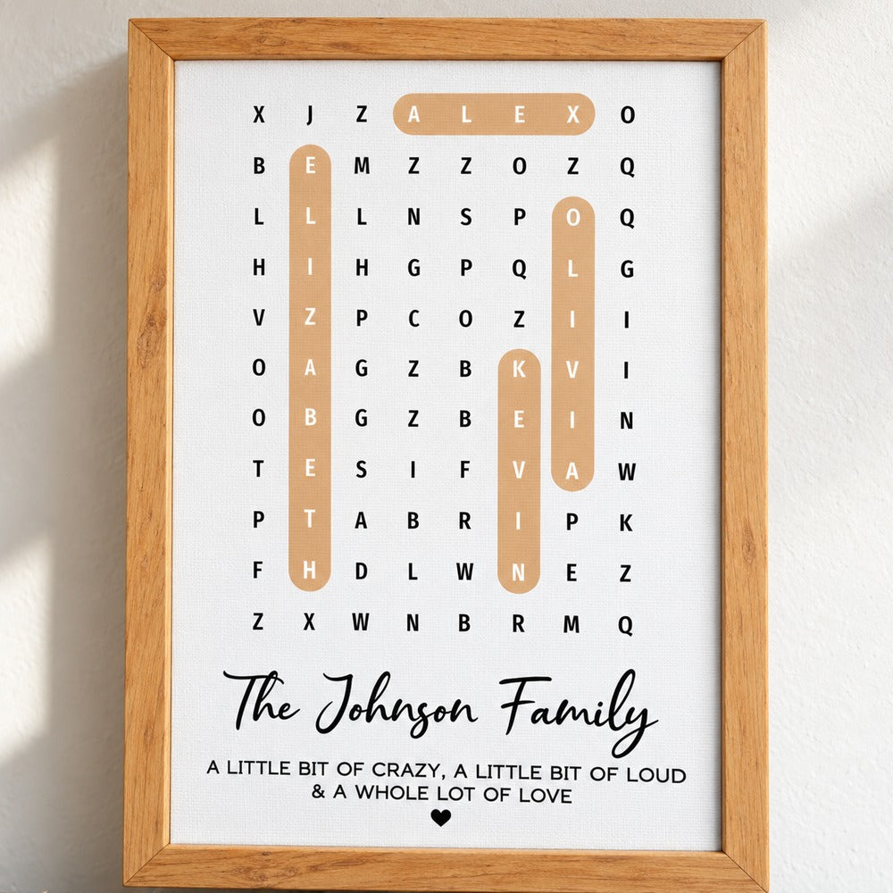 Close up detail of personalized family word search canvas print texture and wood frame