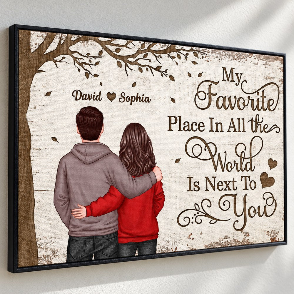 Close-up detail of personalized couple canvas print texture and frame edge