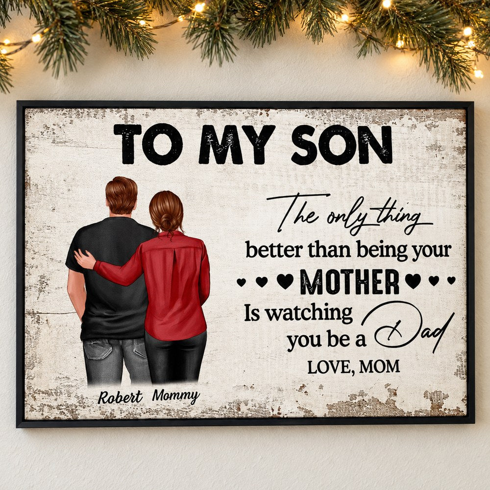To My Son personalized framed canvas wall print hanging on wall with holiday pine garland