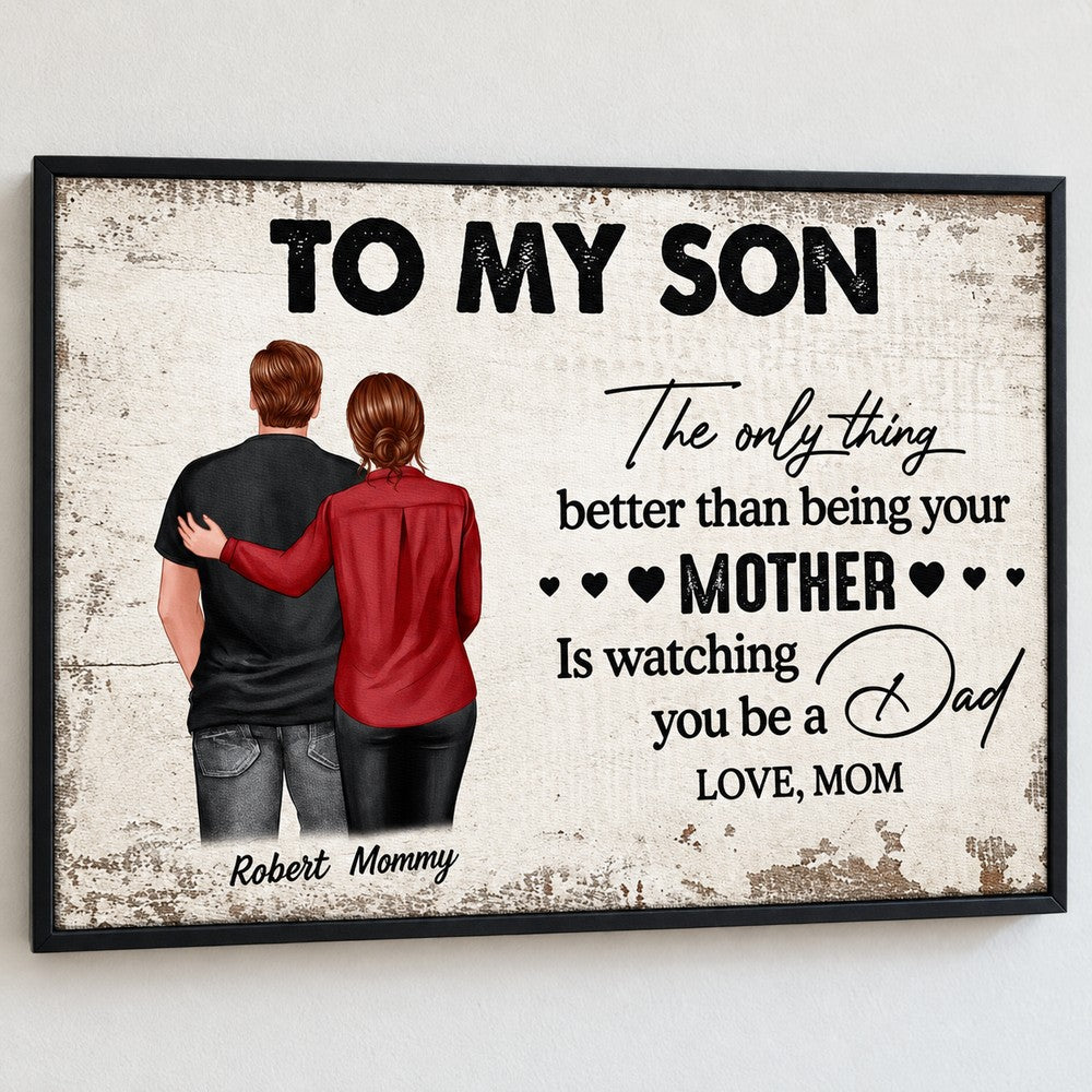Close up detail of textured canvas print and black frame on To My Son personalized wall art
