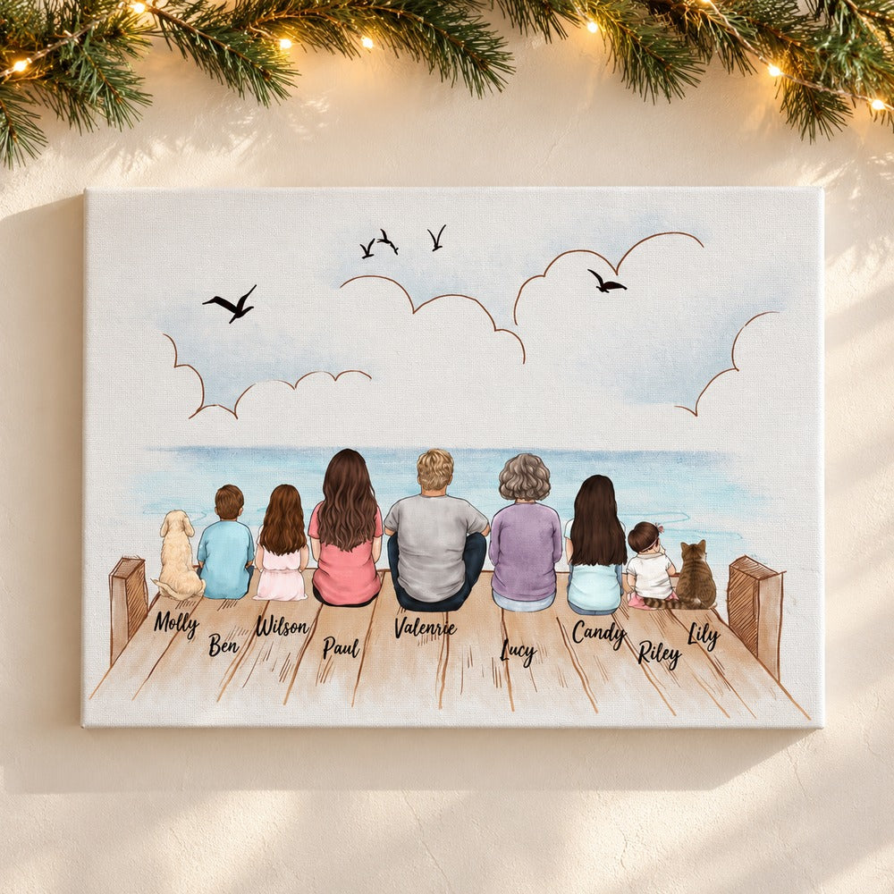 Custom family canvas wall art with family sitting on bridge hanging near holiday pine garland