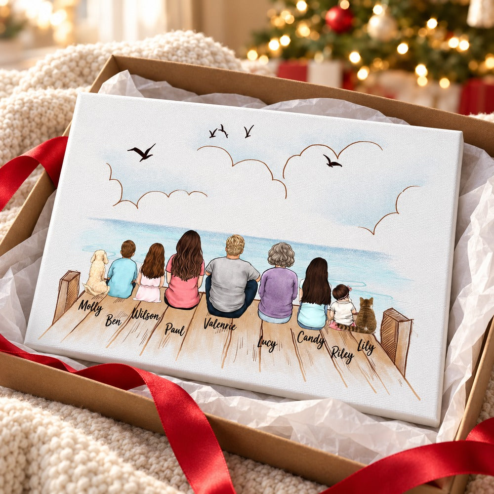 Custom family sitting on bridge canvas presented in a holiday gift box with red ribbon