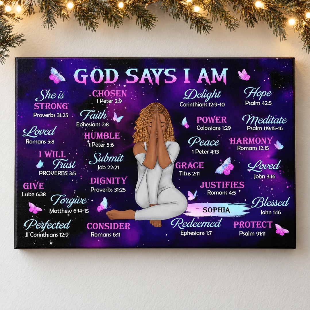 God Says I Am personalized Christian canvas wall art hanging with holiday garland and fairy lights
