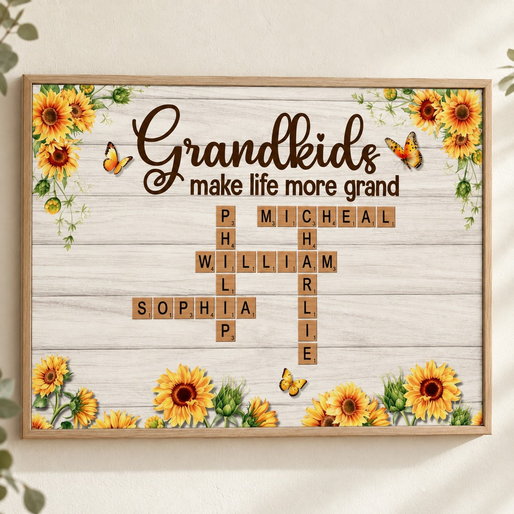 Grandkids Make Life More Grand crossword sunflower personalized canvas hanging on a warm cream wall