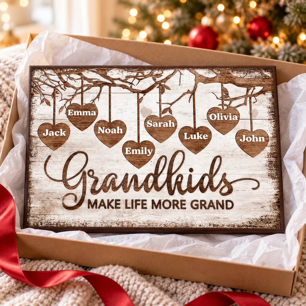 Grandparent family canvas art presented in a holiday gift box with red ribbon