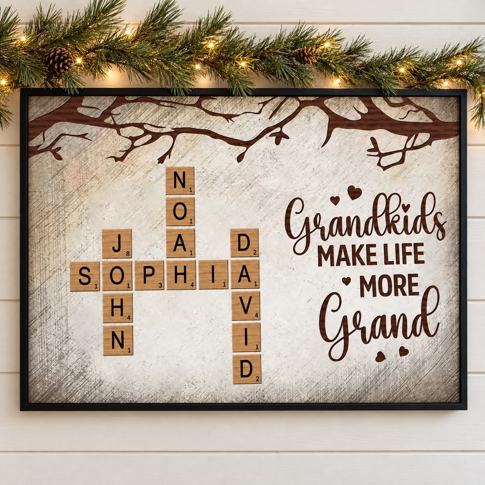 Grandkids Make Life More Grand personalized crossword canvas on wall with holiday pine garland