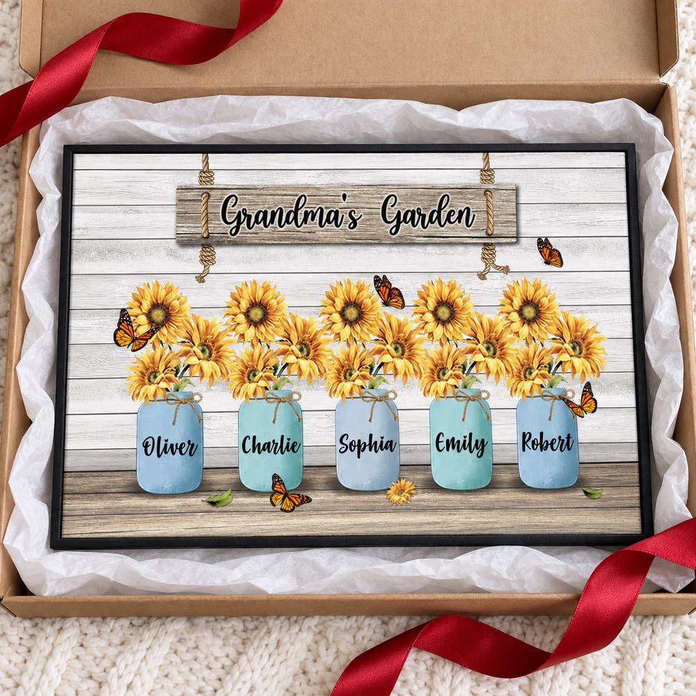 Personalized Grandmas Garden sunflower canvas inside a holiday gift box
