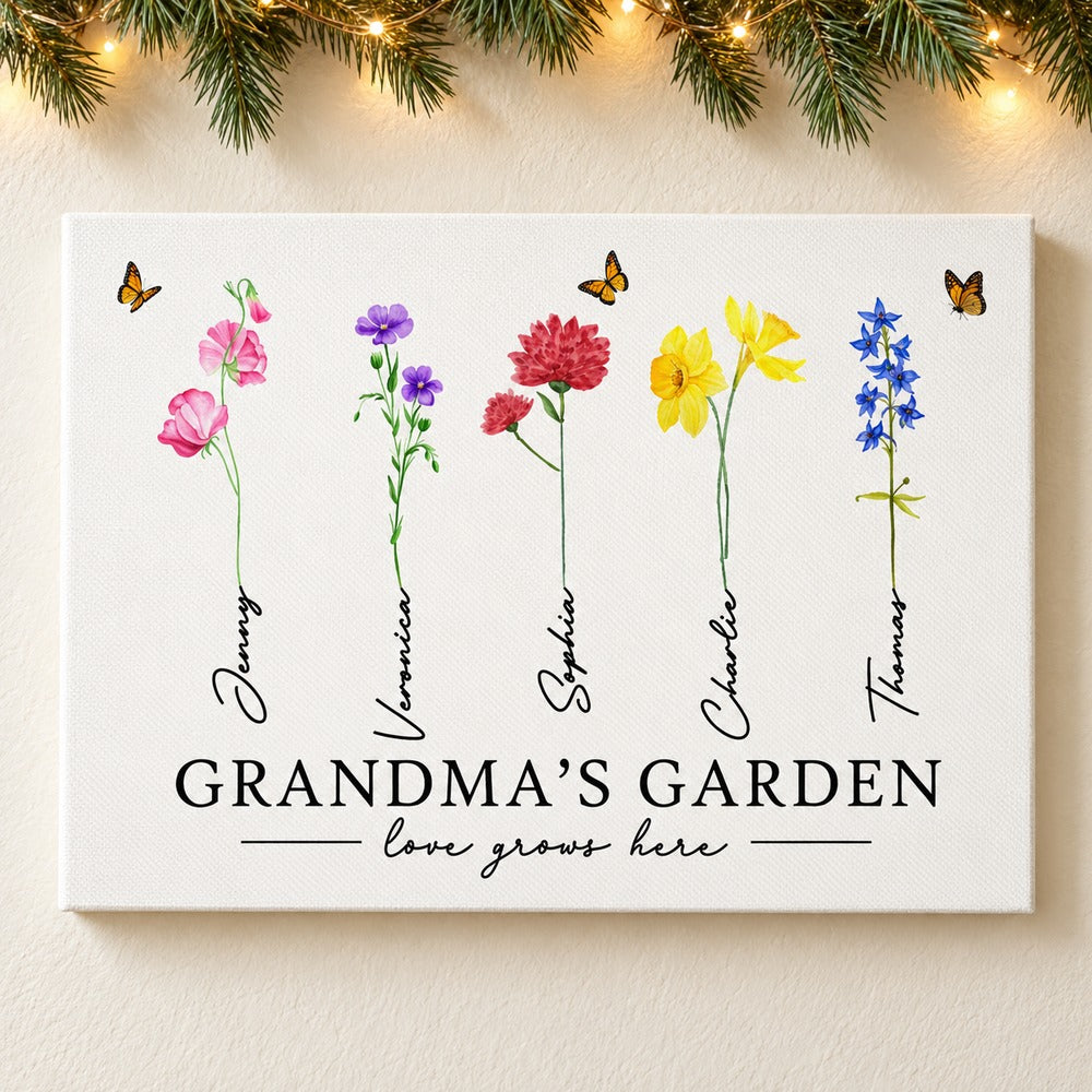 Grandmas Garden personalized birth flower canvas on a wall with holiday pine garland and fairy lights