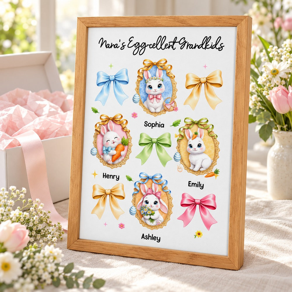 Grandma's Egg-cellent Grandkids personalized framed canvas next to a pastel ribbon gift box