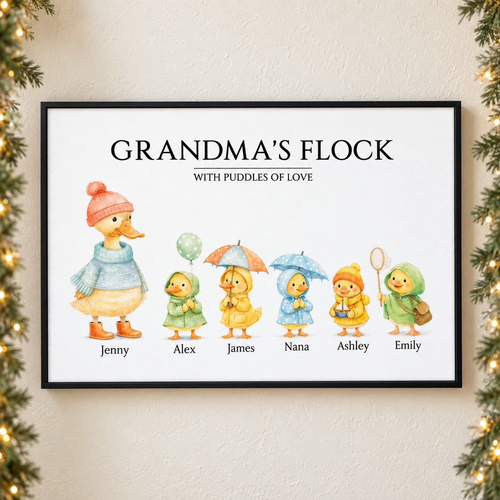 Grandmas Flock personalized canvas print on wall with holiday garland and lights