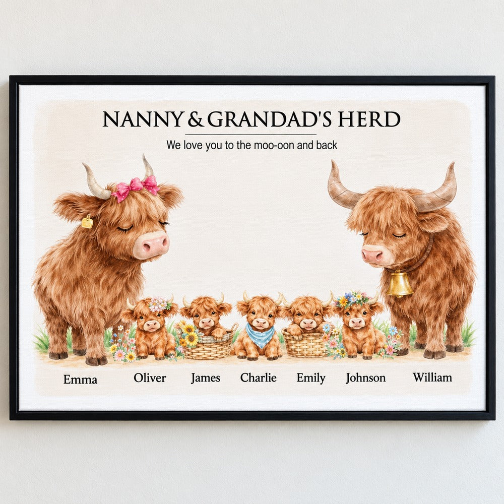 Close up detail of matte canvas texture and printed Highland calves on personalized grandparents print