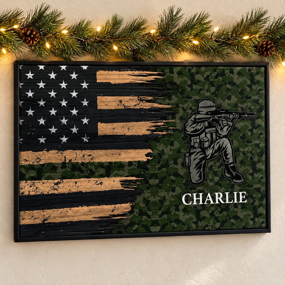 Half Thin Green Line Patriotic American Flag personalized canvas on holiday wall with pine garland