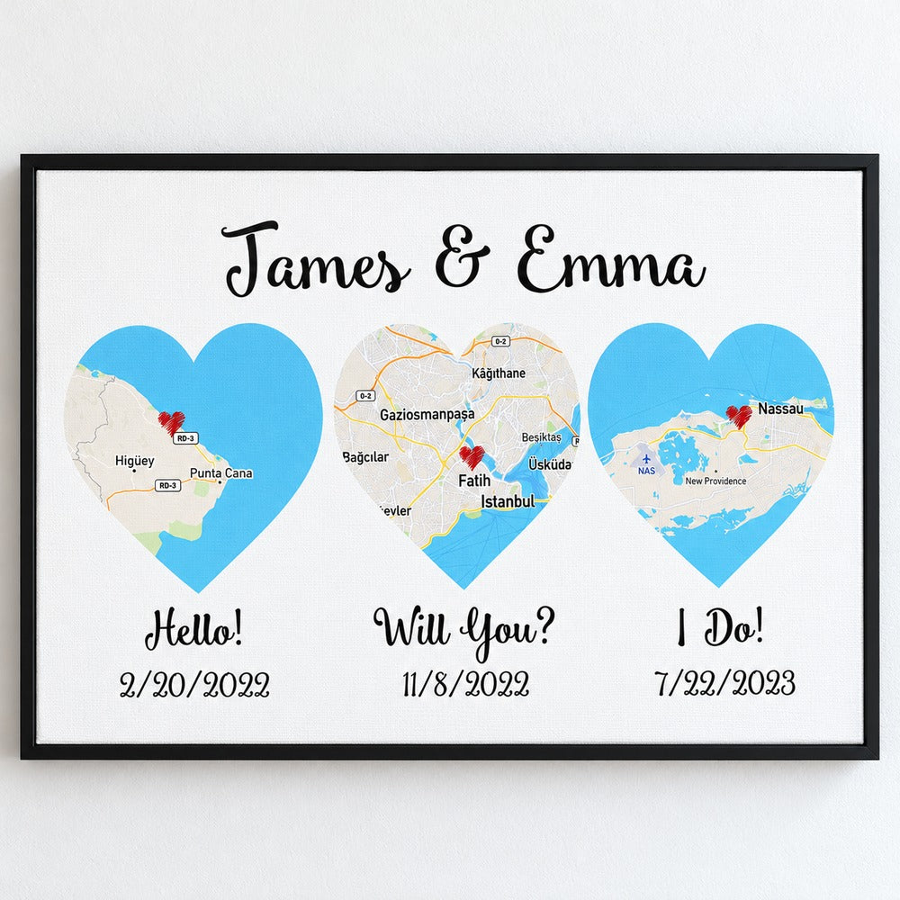 Close up detail of the canvas texture and custom heart map print with Will You date