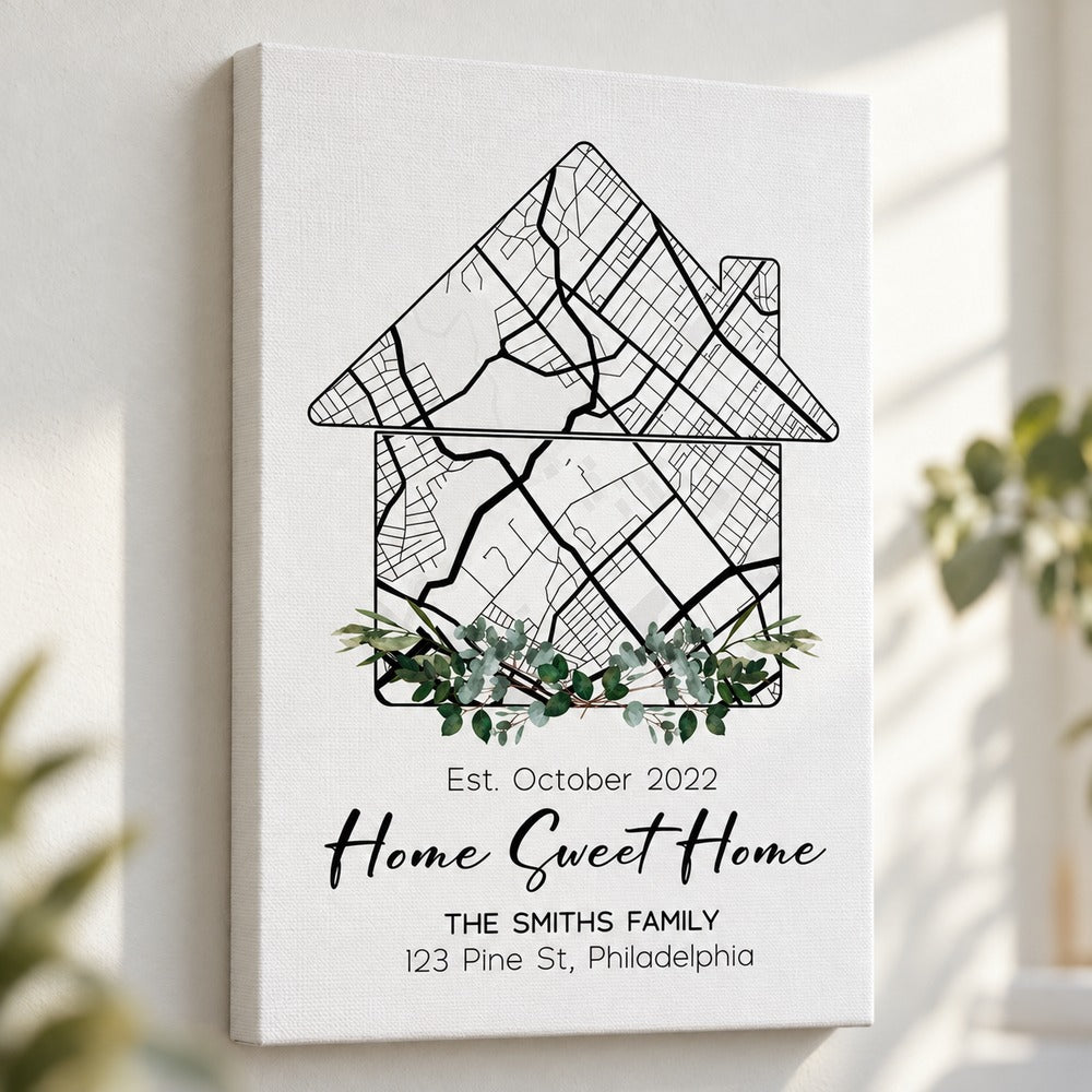 Close-up detail of the custom home map canvas texture and watercolor greenery print