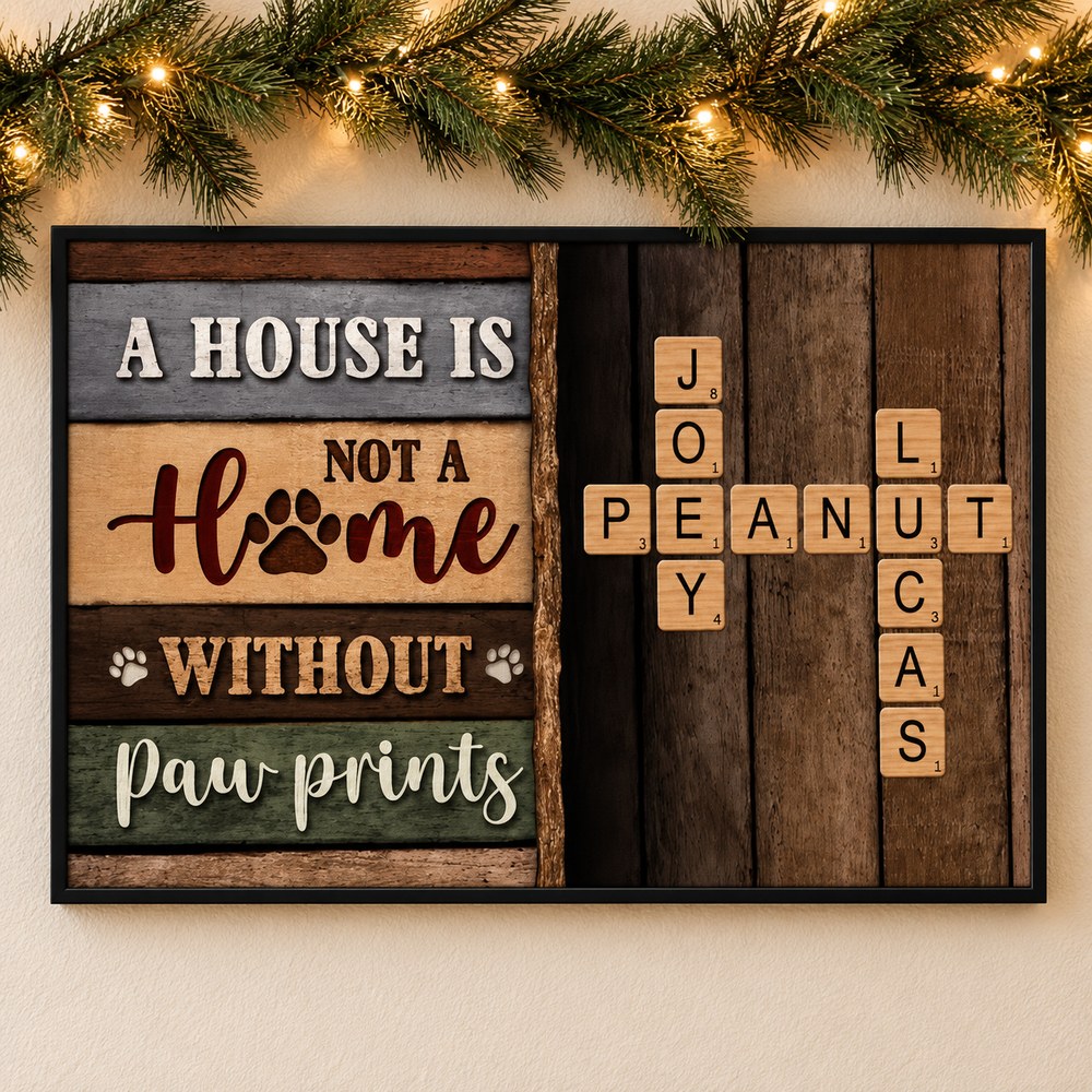 Personalized pet paw prints crossword canvas art hanging on wall with holiday garland