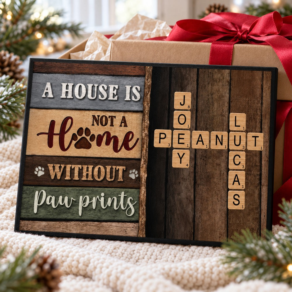 Personalized home with paw prints crossword canvas print next to holiday gift box