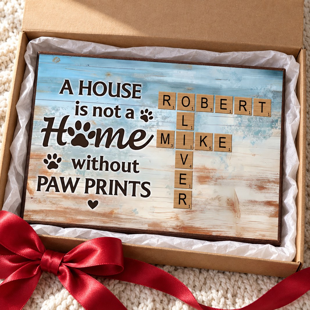 Personalized pet lover canvas print nestled in an open holiday gift box