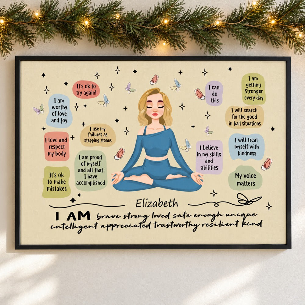 Personalized yoga affirmation canvas print for Elizabeth hanging on wall with holiday garland