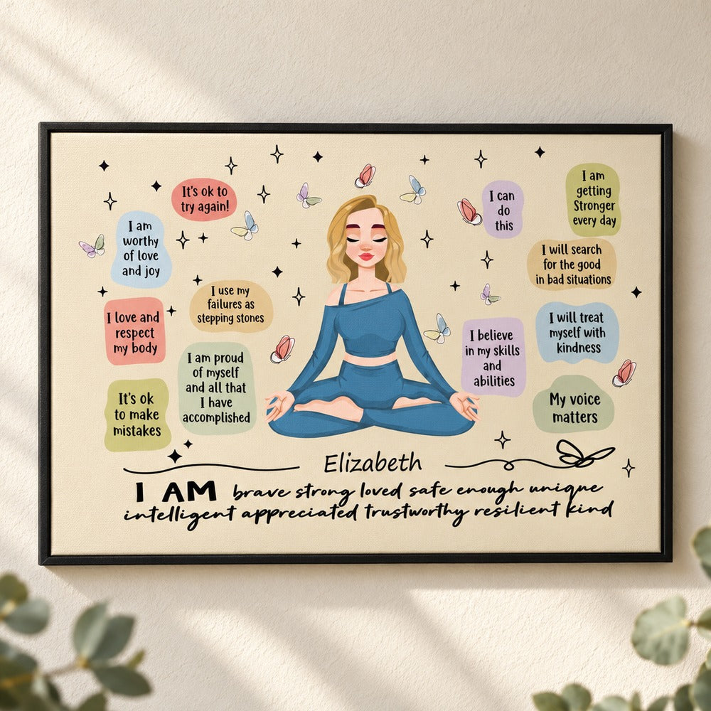 I Am Brave Strong Loved personalized yoga canvas wall art displayed on a bright wall
