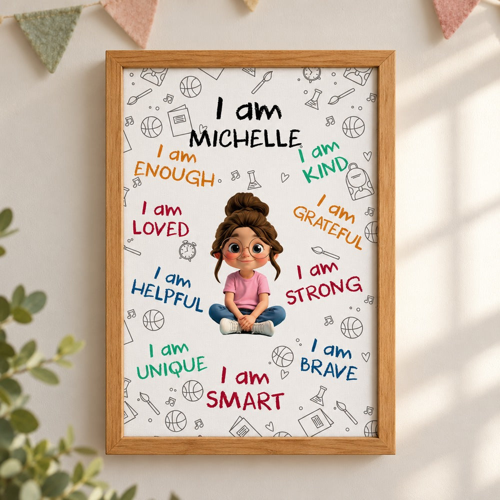 Custom daughter affirmation framed canvas print hanging on a bright playroom wall