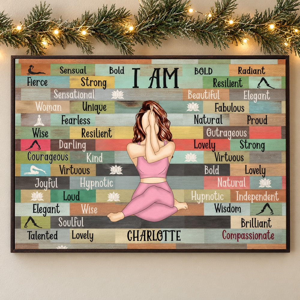 Personalized I Am Yoga Girl canvas hanging on wall with holiday pine garland and fairy lights