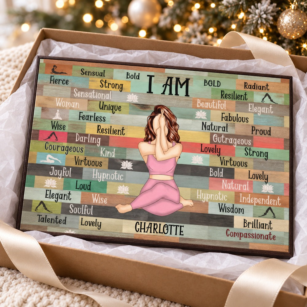 Personalized I Am Yoga Girl canvas presented in an open gift box with ribbon and tissue paper