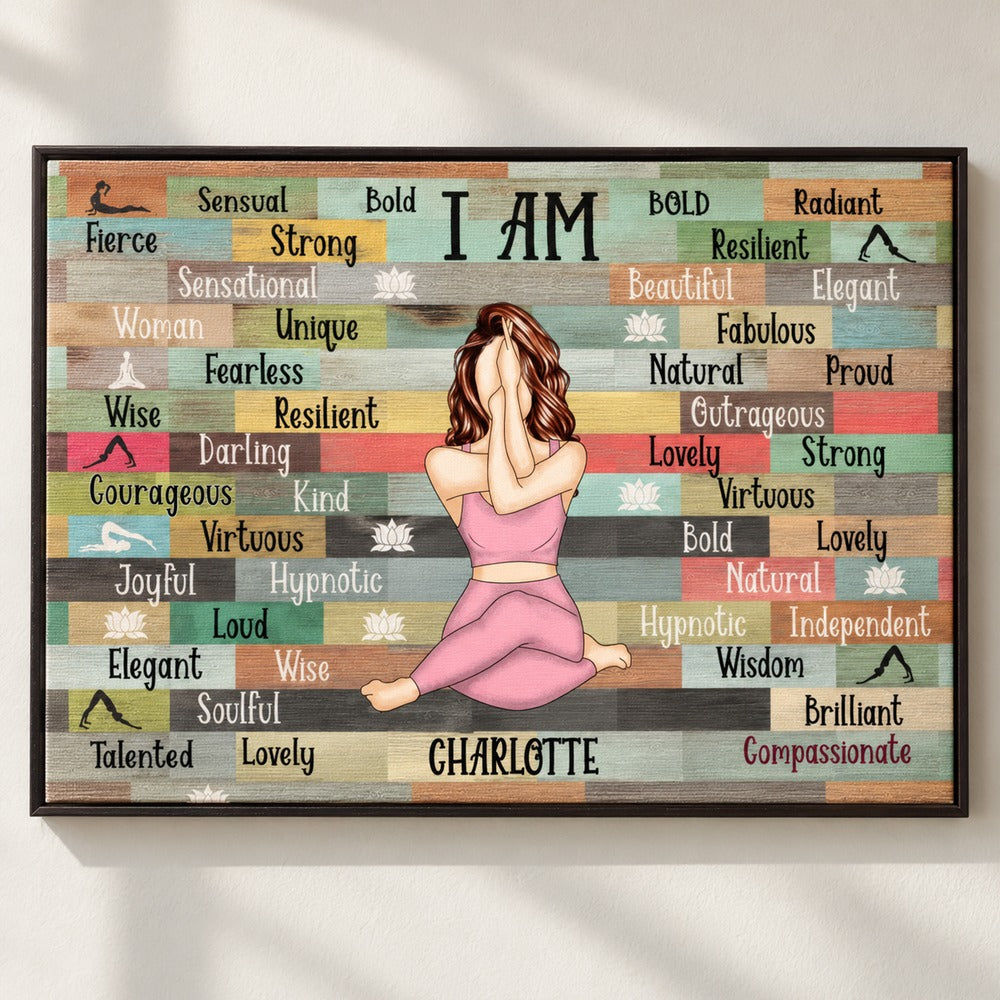 Close-up detail of canvas texture and colorful affirmation print on personalized yoga wall art