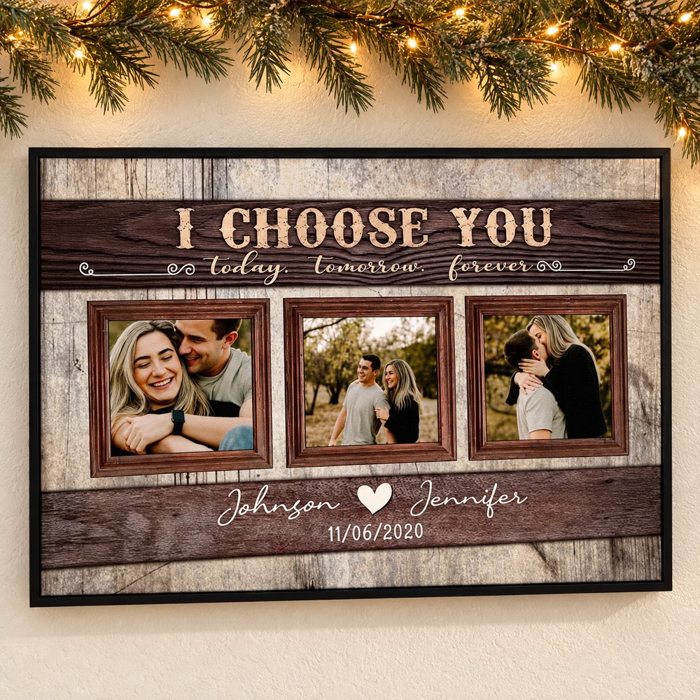 Custom couple 3-photo canvas print on wall with holiday pine garland and fairy lights