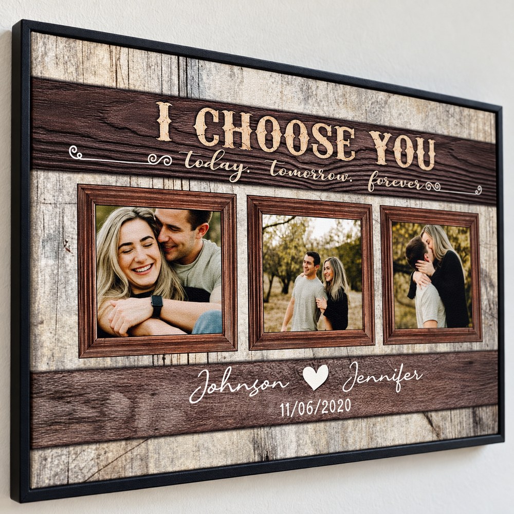 Close-up detail of canvas weave texture and personalized couple names and photos