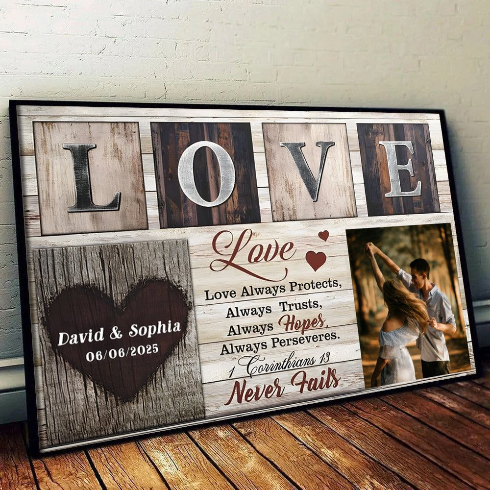 Custom Photo Couple Love Never Fails - Personalized Canvas Prints - Gift For Her/Him, Husband/Wife, Couples on Anniversary, Valentine's Day