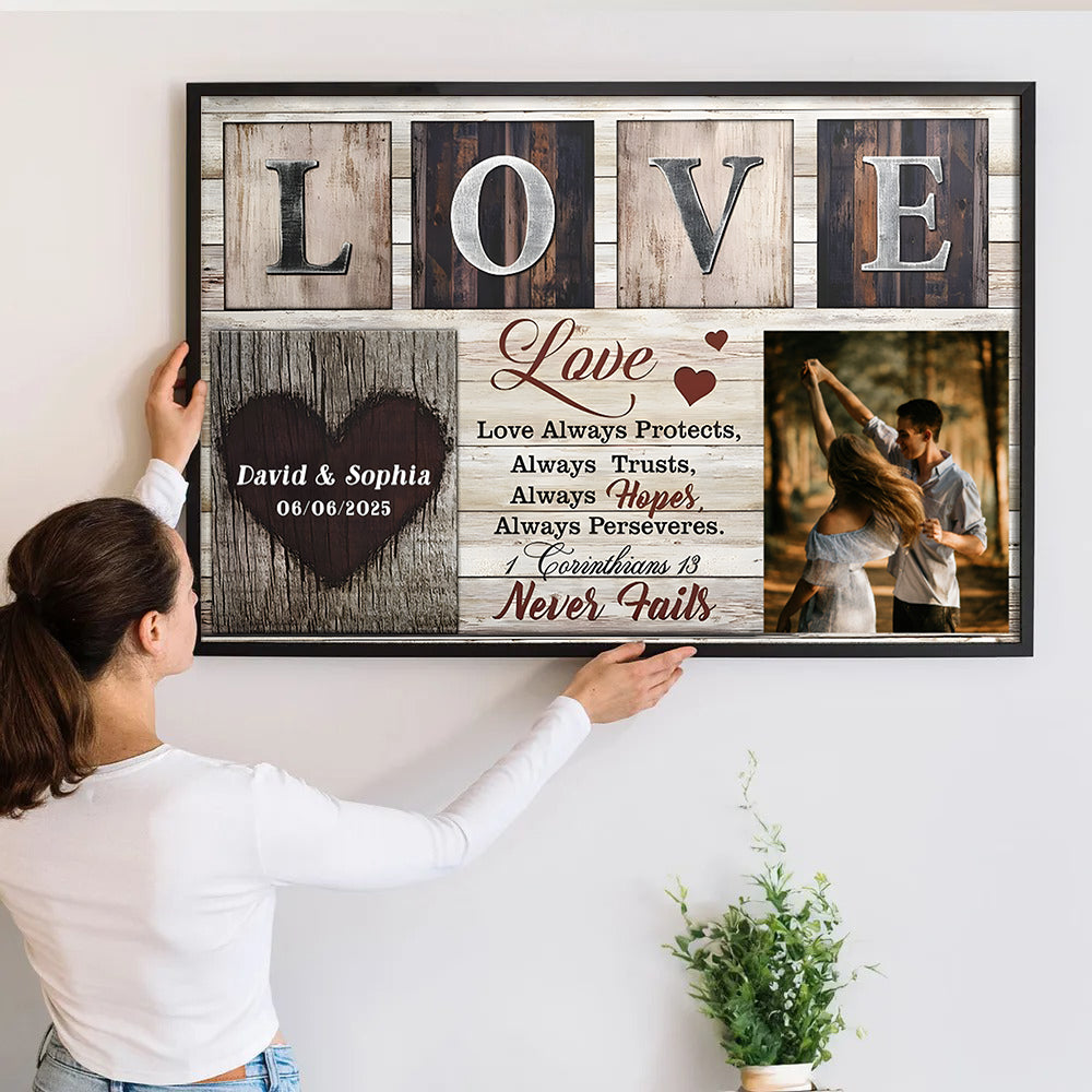 Custom Photo Couple Love Never Fails - Personalized Canvas Prints - Gift For Her/Him, Husband/Wife, Couples on Anniversary, Valentine's Day