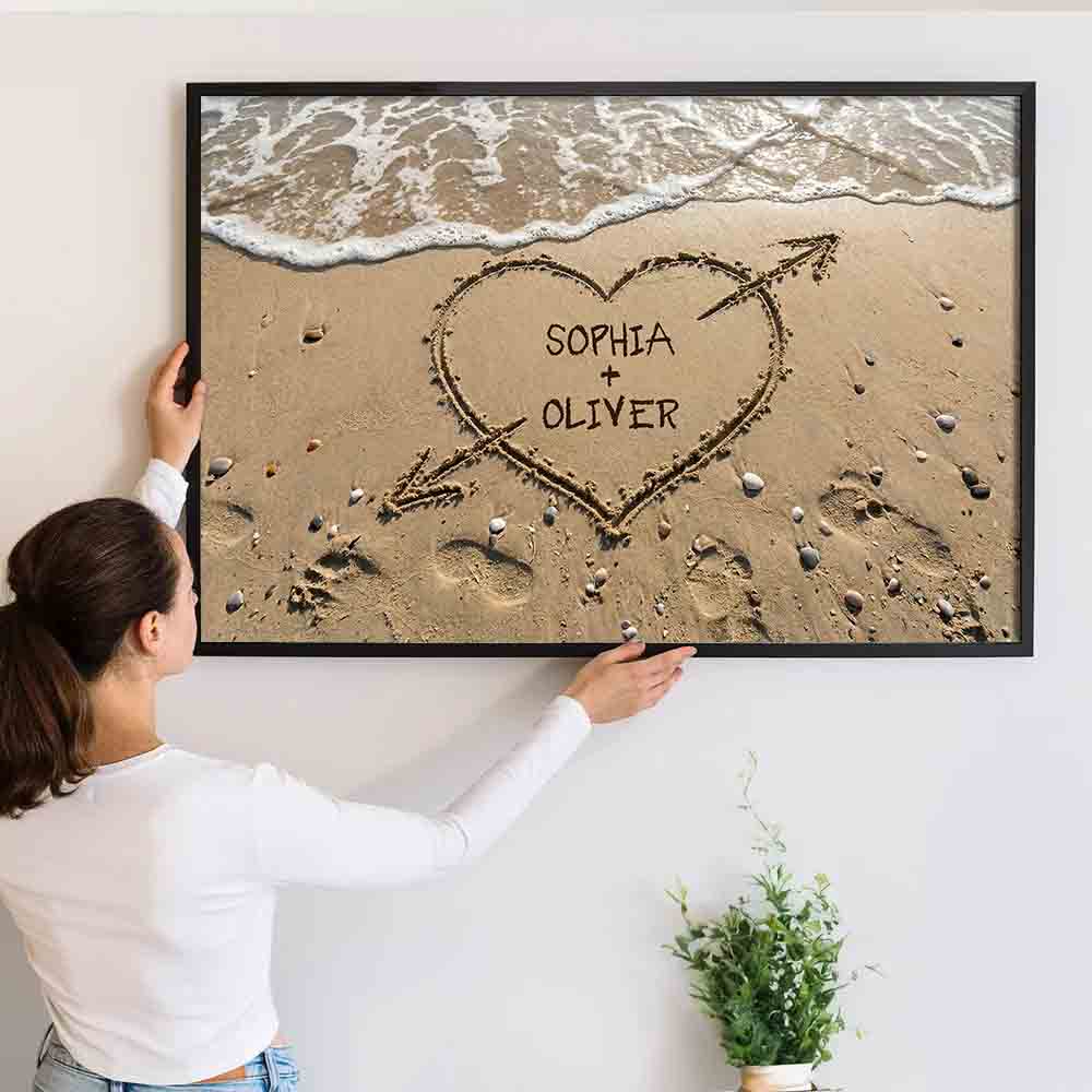 Couple Names Heart in Sand - Personalized Canvas Prints - Gift For Her/Him, Husband/Wife, Couples on Anniversary, Valentine's Day