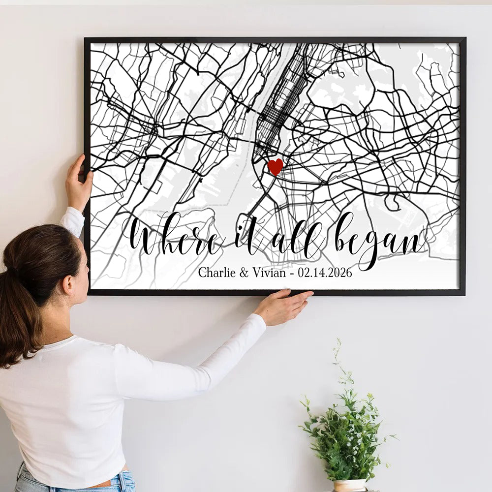 Custom Map Couple Where It All Began - Personalized Canvas Prints - Gift For Her/Him, Husband/Wife, Couples on Anniversary, Valentine's Day