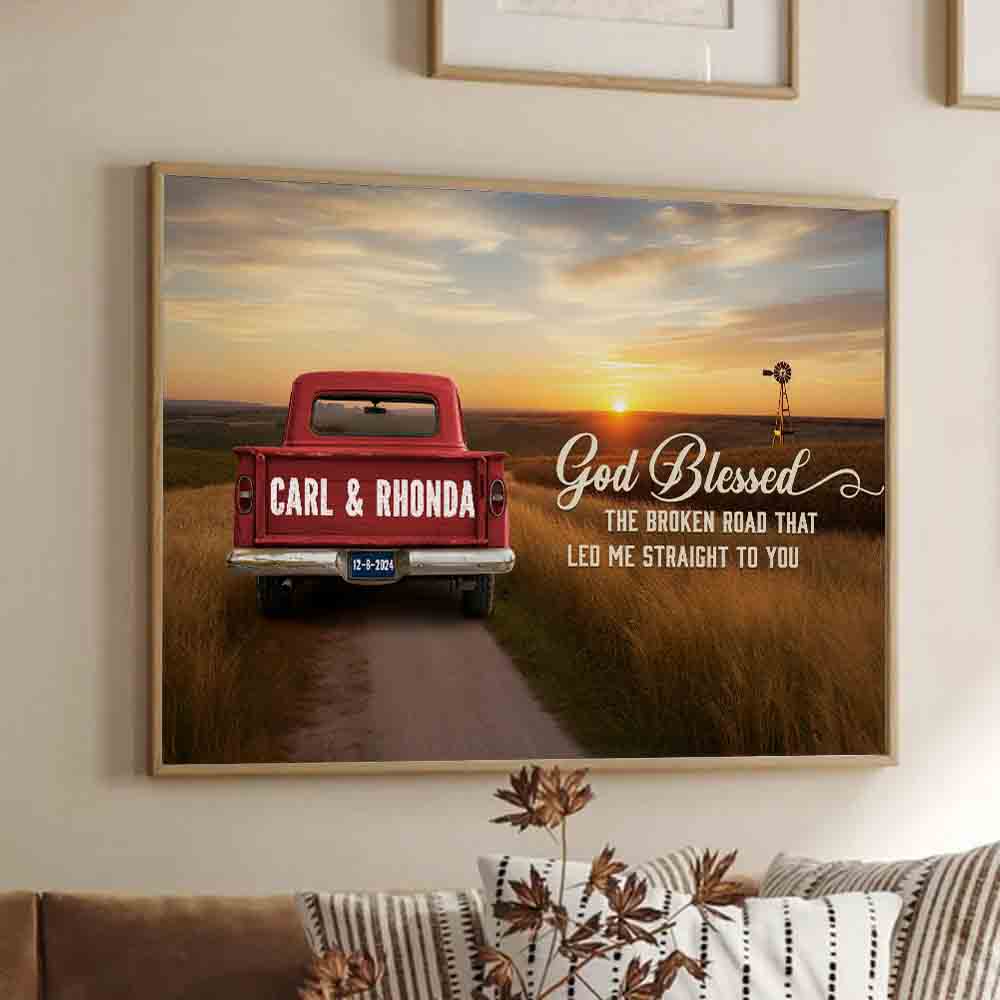 God Blessed The Broken Road Couple - Personalized Canvas Print - Gift For Her/Him, Husband/Wife, Couples on Anniversary, Valentine's Day