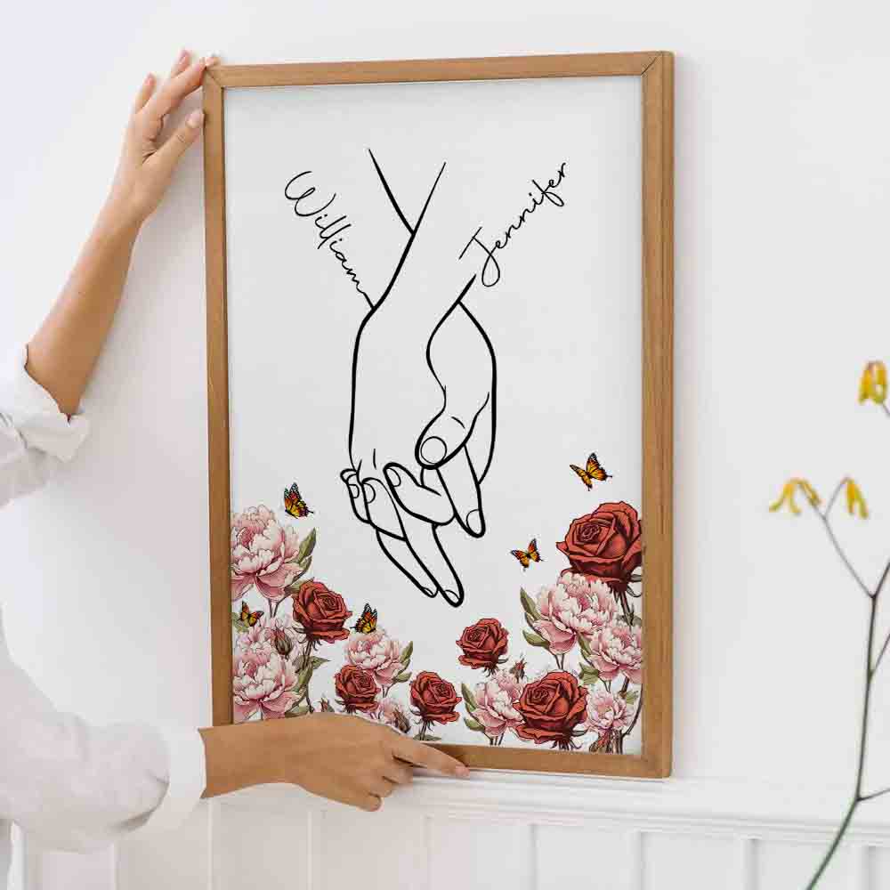 I Love You Couple Hand Print Birth Flower - Personalized Canvas Prints - Gift For Her/Him, Wife/Husband, Girlfriend/Boyfriend on Anniversary, Valentine's Day