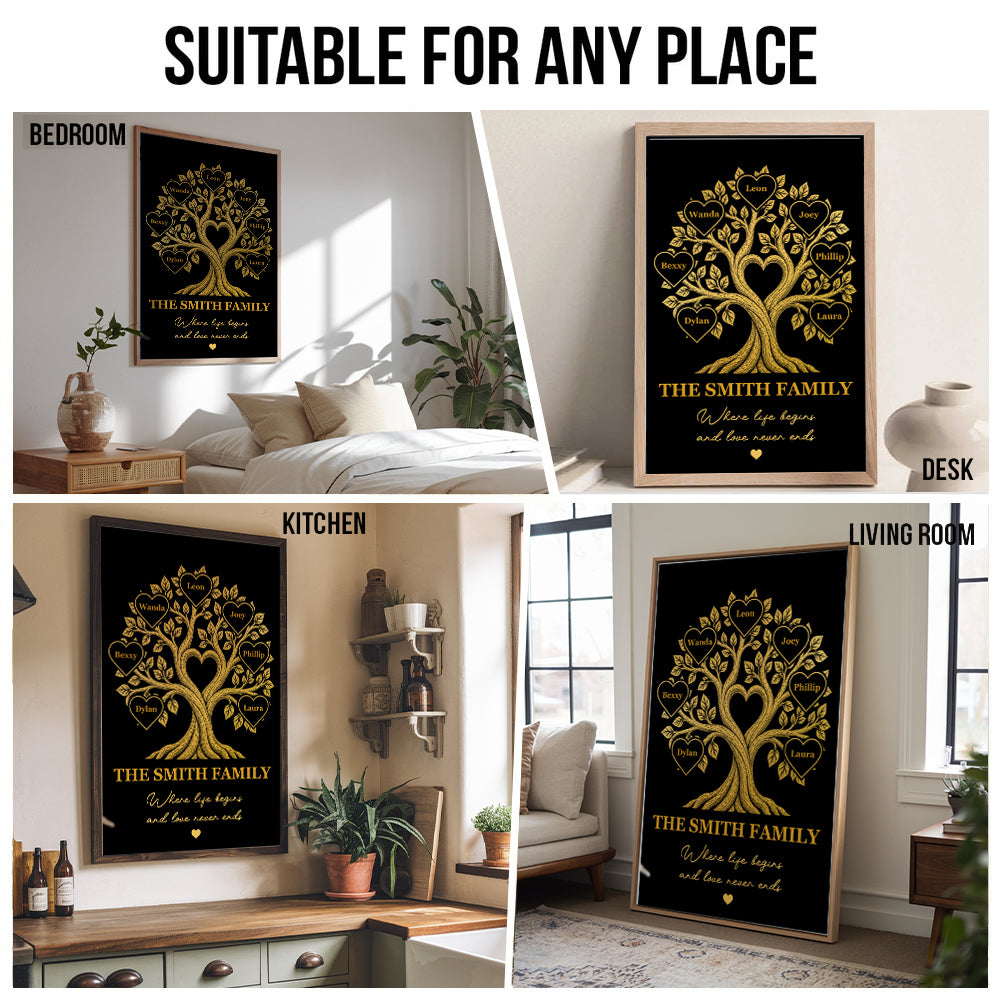 Family Tree With Names Where Life Begins And Love Never Ends - Personalized Canvas Prints - Gift For Family Members, Mom and Dad