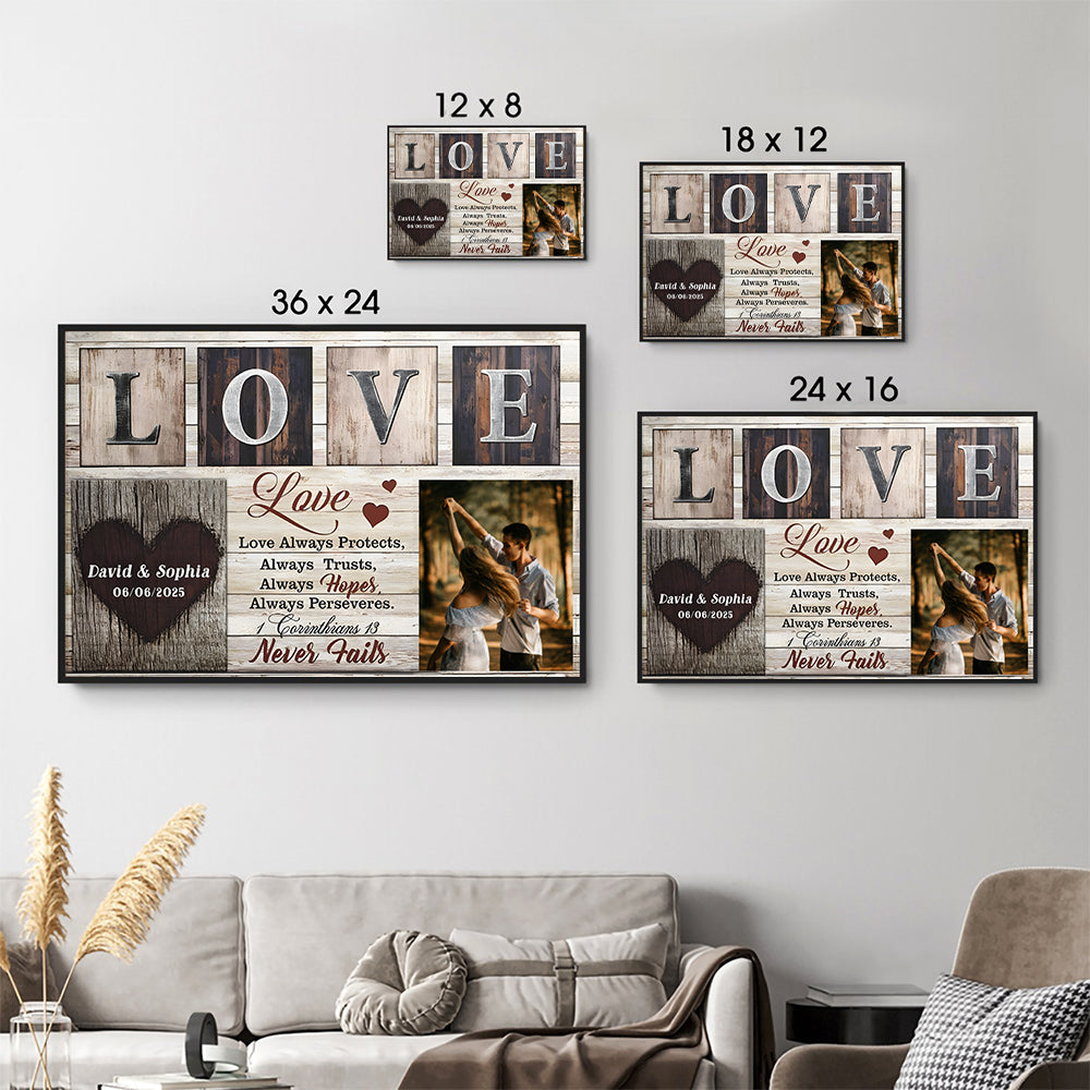 Custom Photo Couple Love Never Fails - Personalized Canvas Prints - Gift For Her/Him, Husband/Wife, Couples on Anniversary, Valentine's Day