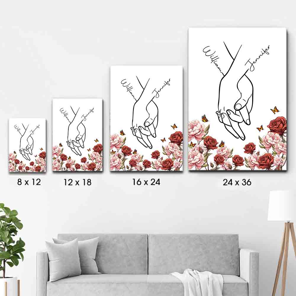 I Love You Couple Hand Print Birth Flower - Personalized Canvas Prints - Gift For Her/Him, Wife/Husband, Girlfriend/Boyfriend on Anniversary, Valentine's Day