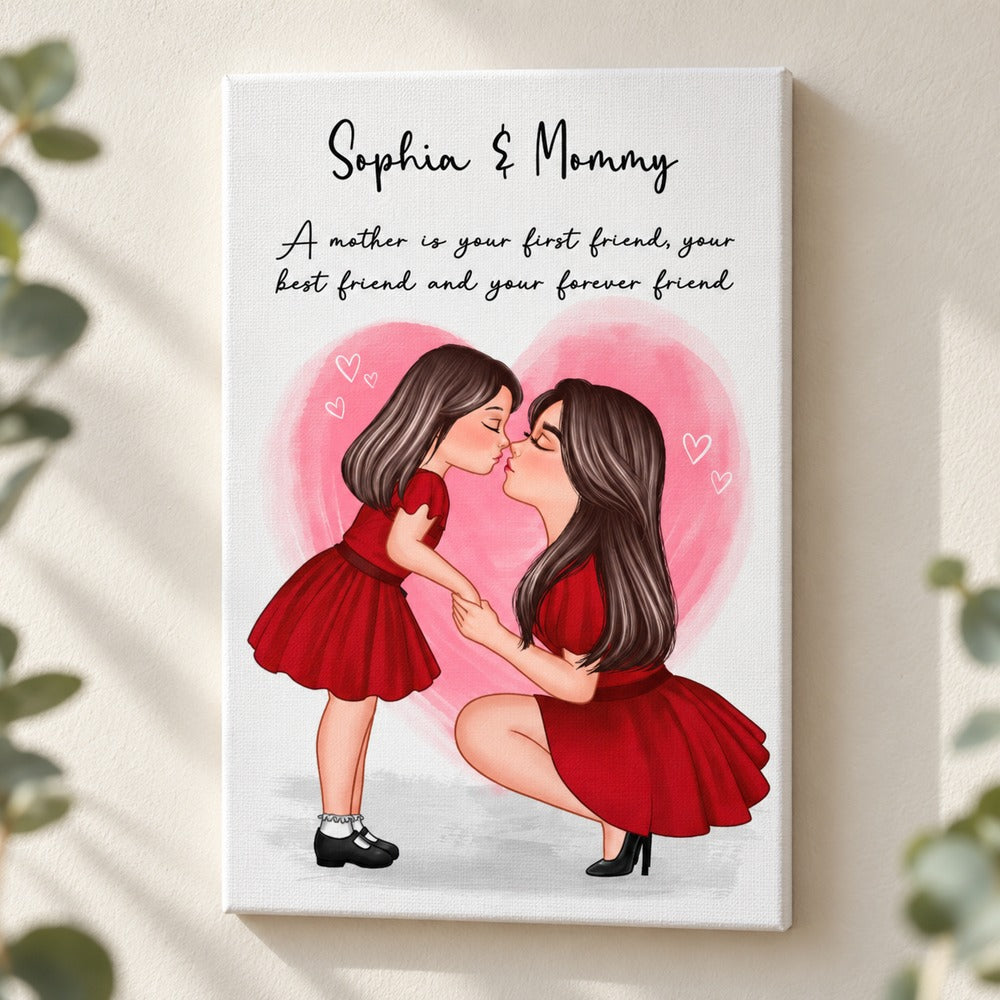 Mom and daughter kissing personalized canvas print displayed on bright wall