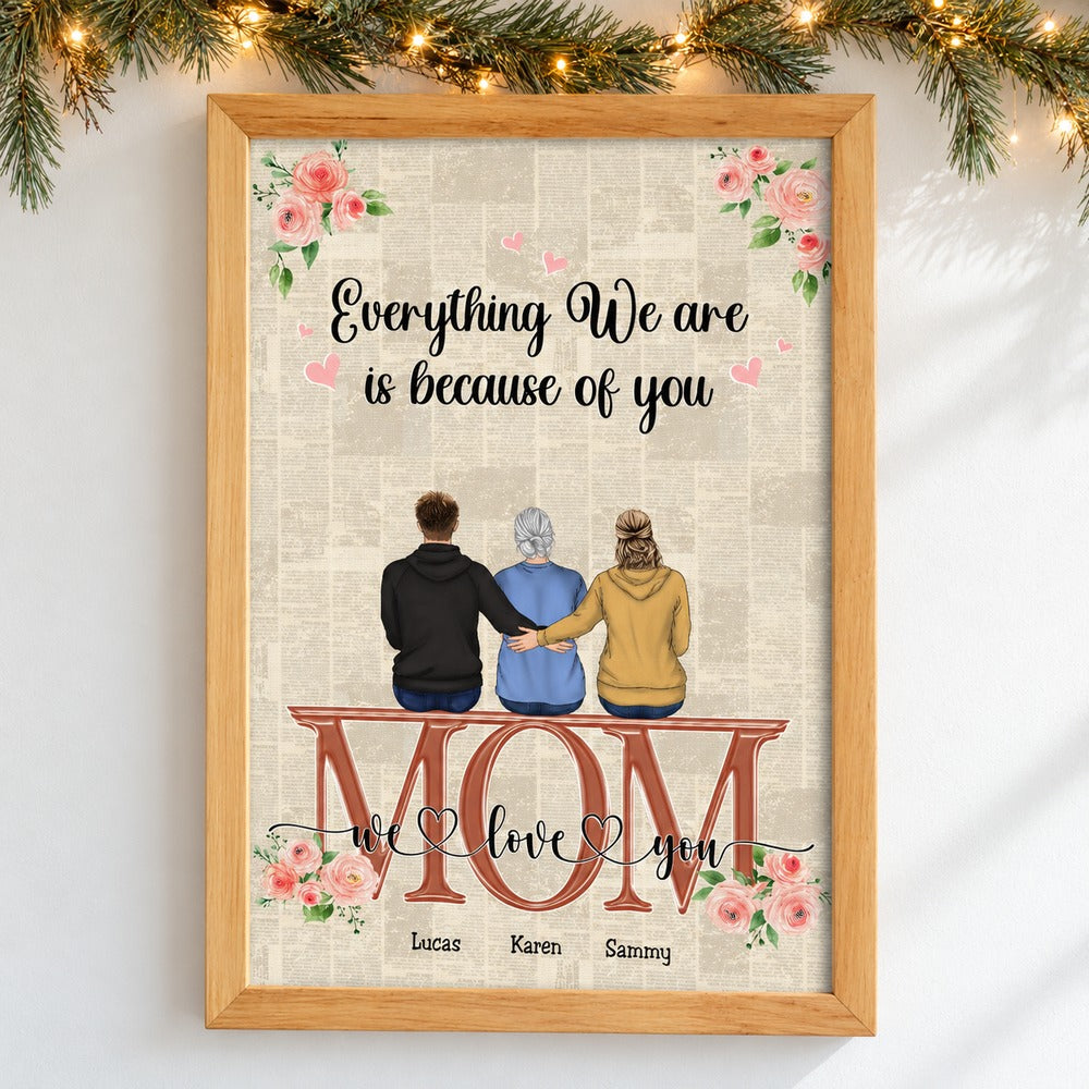 Personalized Mom You Are The World framed canvas on wall with holiday garland and lights