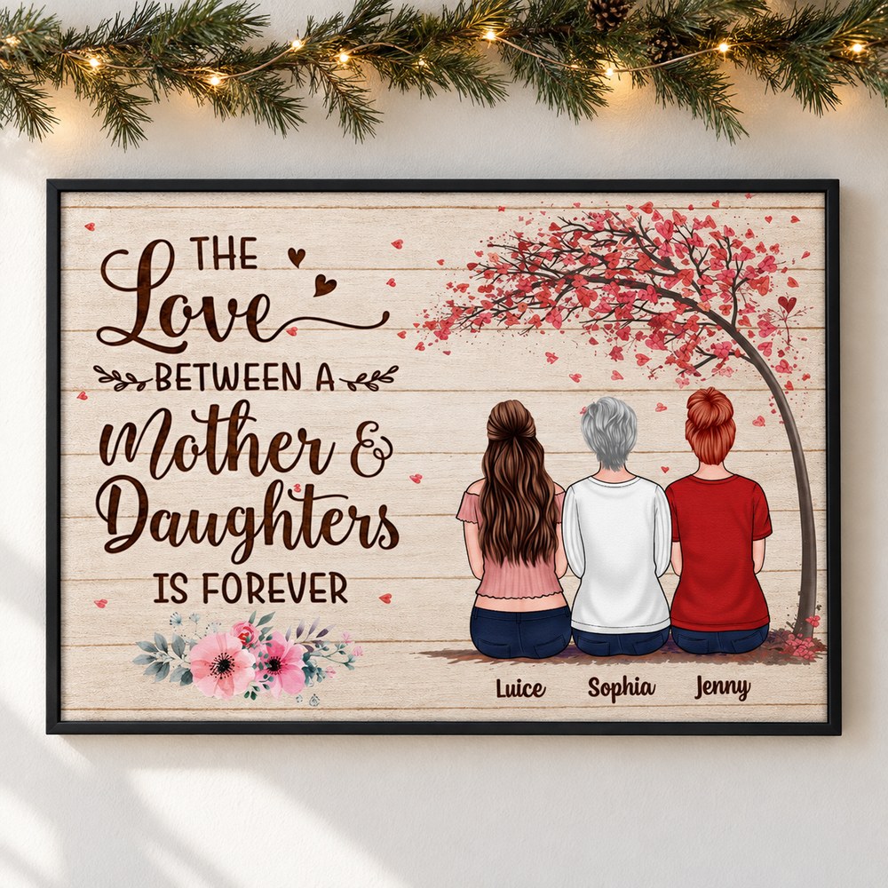 Mother and Daughters Forever personalized canvas on wall with holiday garland and warm fairy lights