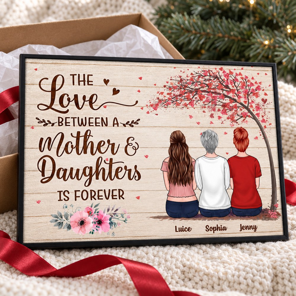 Personalized Mother and Daughters canvas print presented with an open holiday gift box and red ribbon