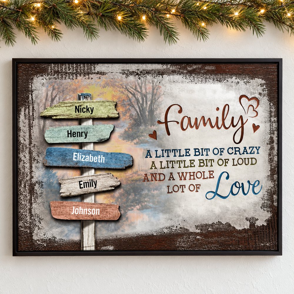 Personalized Family signpost canvas print hanging on a wall with Christmas pine garland and fairy lights