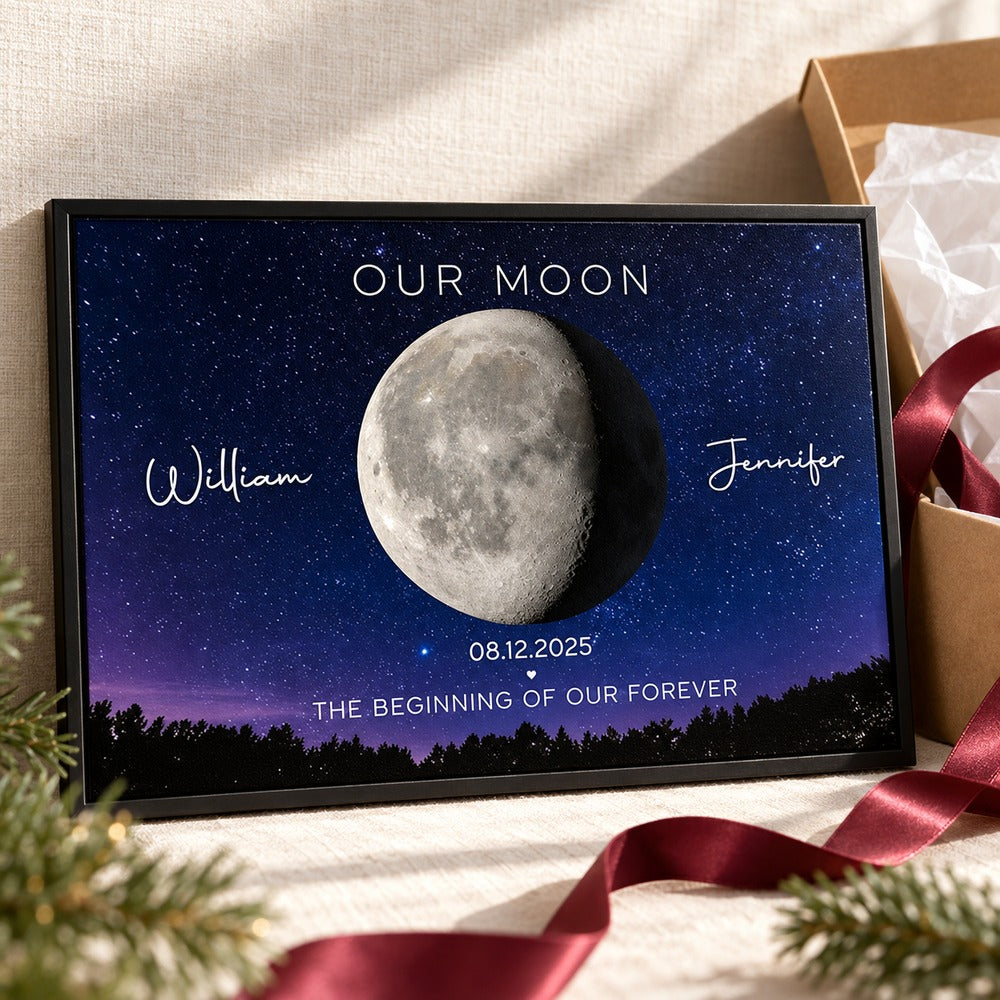 Personalized Our Moon couple canvas print presented with a ribboned gift box for anniversary or holiday