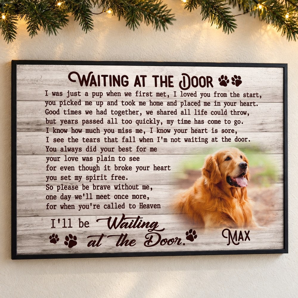 Personalized pet memorial Waiting At The Door canvas print on wall with holiday garland