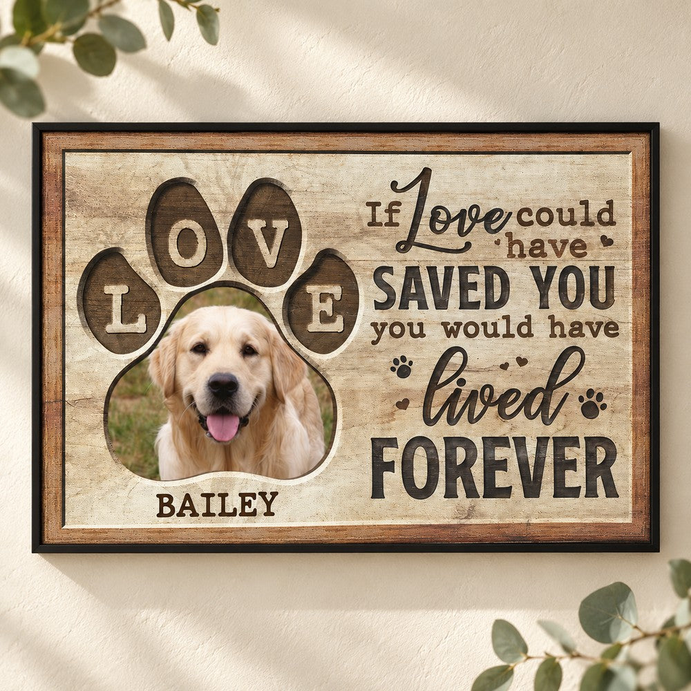 Custom dog memorial canvas print with golden retriever Bailey hanging on a warm cream wall