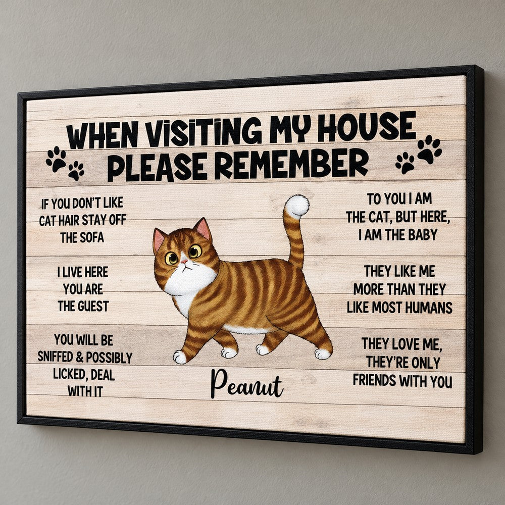 Close up detail of canvas weave texture and print quality on personalized cat sign