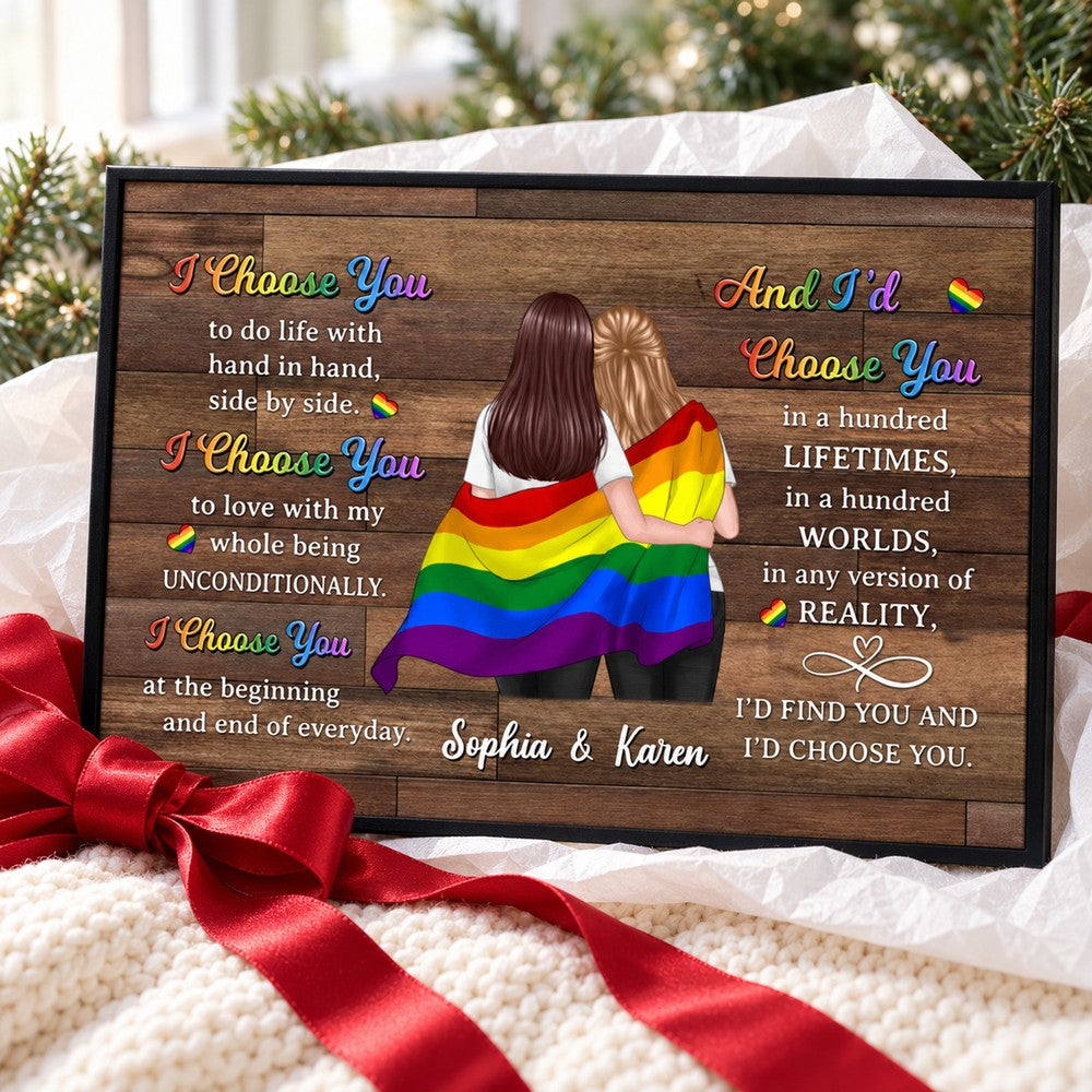 Personalized LGBTQ couple I Choose You canvas print presented as a holiday gift with red ribbon