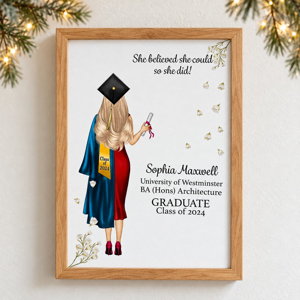 Personalized graduation framed canvas print hanging on a wall with soft holiday greenery and lights