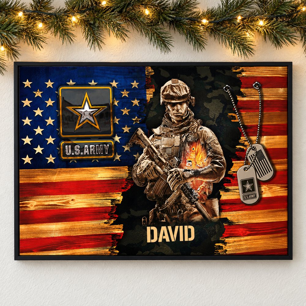 Personalized U.S. Army soldier rustic flag canvas wall art hanging on wall with holiday garland